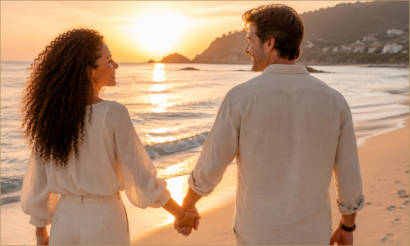 Rica spaziert mit ihrem Mann Hand in Hand dem Meer entlang. Sie sind glücklich, sie haben sich gegenseitig manifestiert. Seelenbeziehung, Fülle, Gesundheit