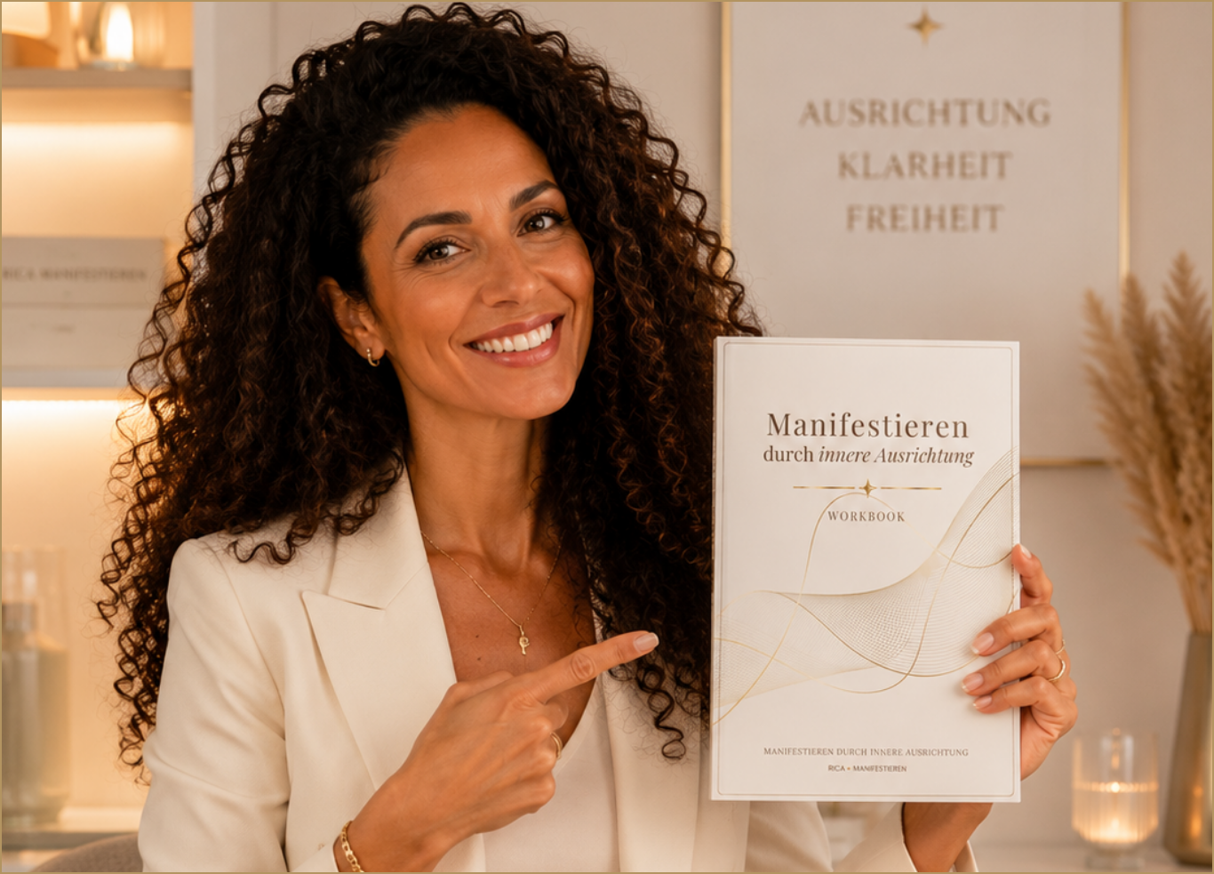 Rica präsentiert ihr Buch mit dem Schriftzug - Manifestieren durch innere Ausrichtung