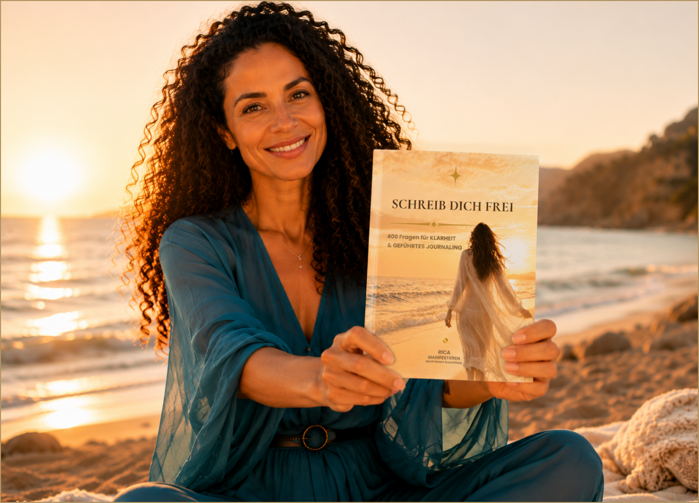 Rica sitzt am Meer und hält ihr Buch Schreib dich frei in die Kamera. Am Meer