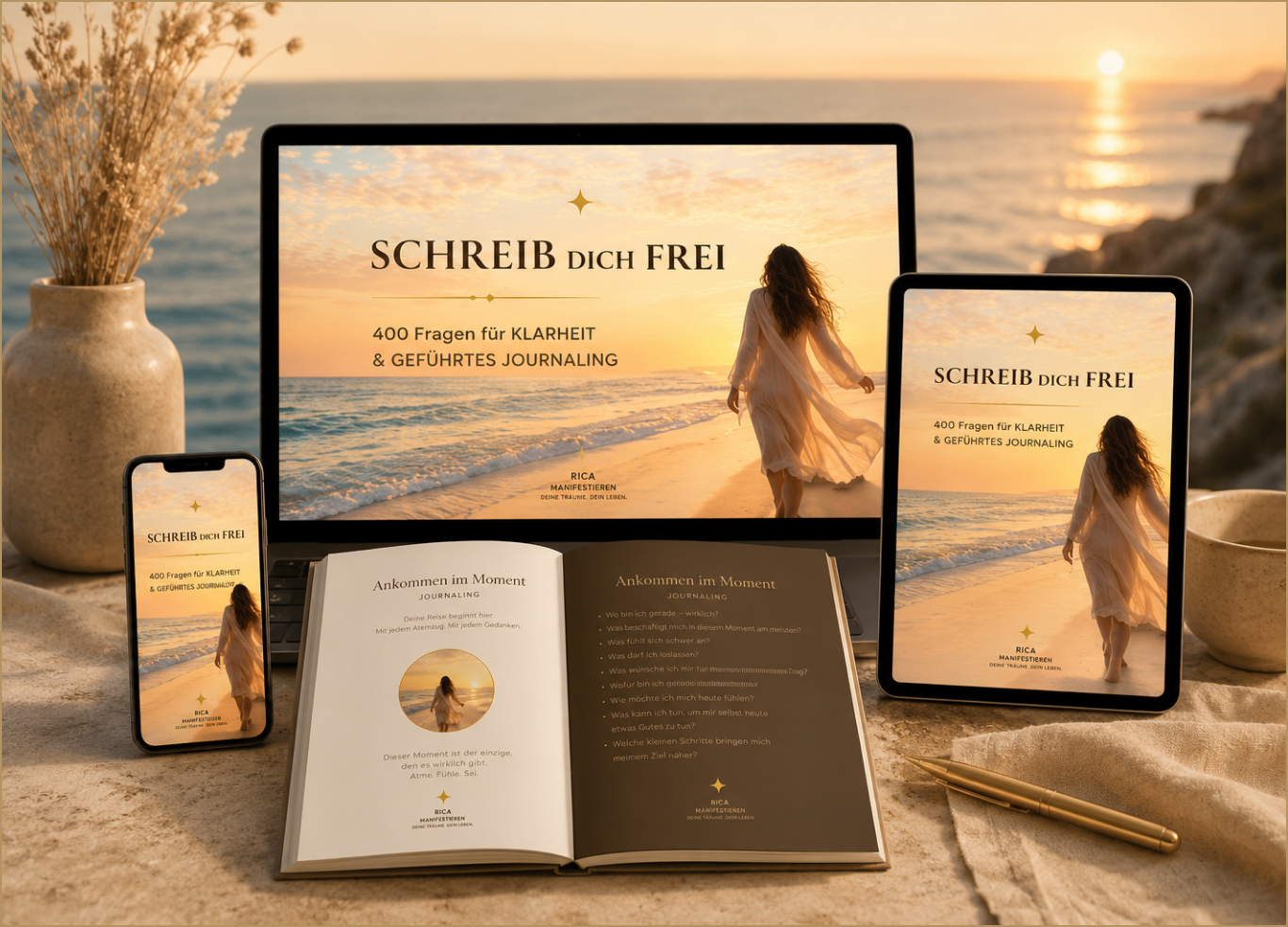 Ein Journalingbuch mit 400 Fragen zu den wichtigsten Lebensbereichen das Cover ist mit Meereshintergrund und mit einer Frau gestaltet.